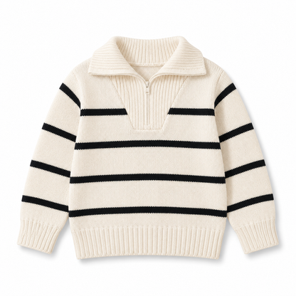 Kids Cream Striped Knit Pullover Sweater with Collar, Soft Long Sleeve Winter Top