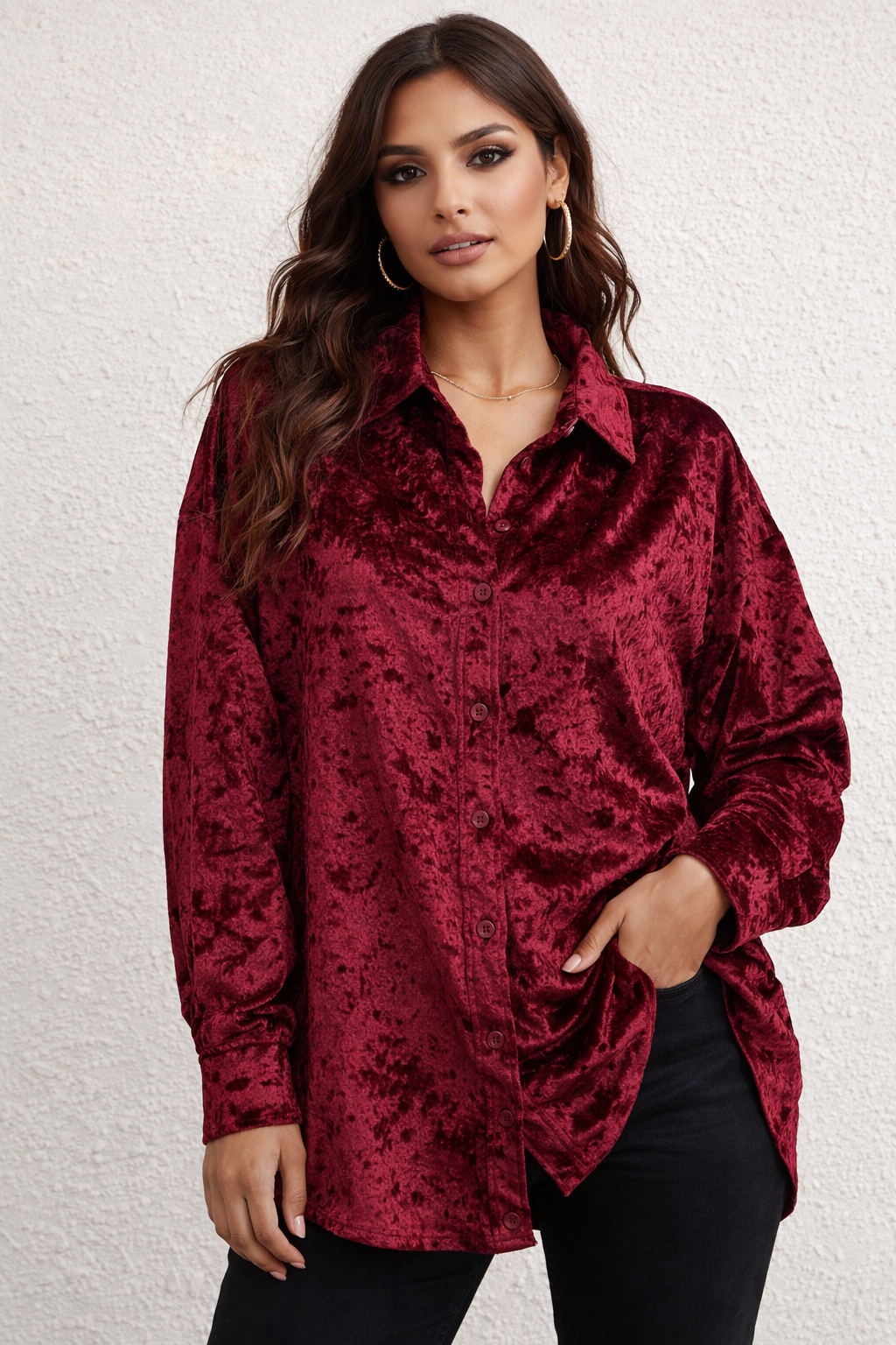 Burgundy Velvet Oversized Shirt for Women – Luxe Button Down Casual Chic Top