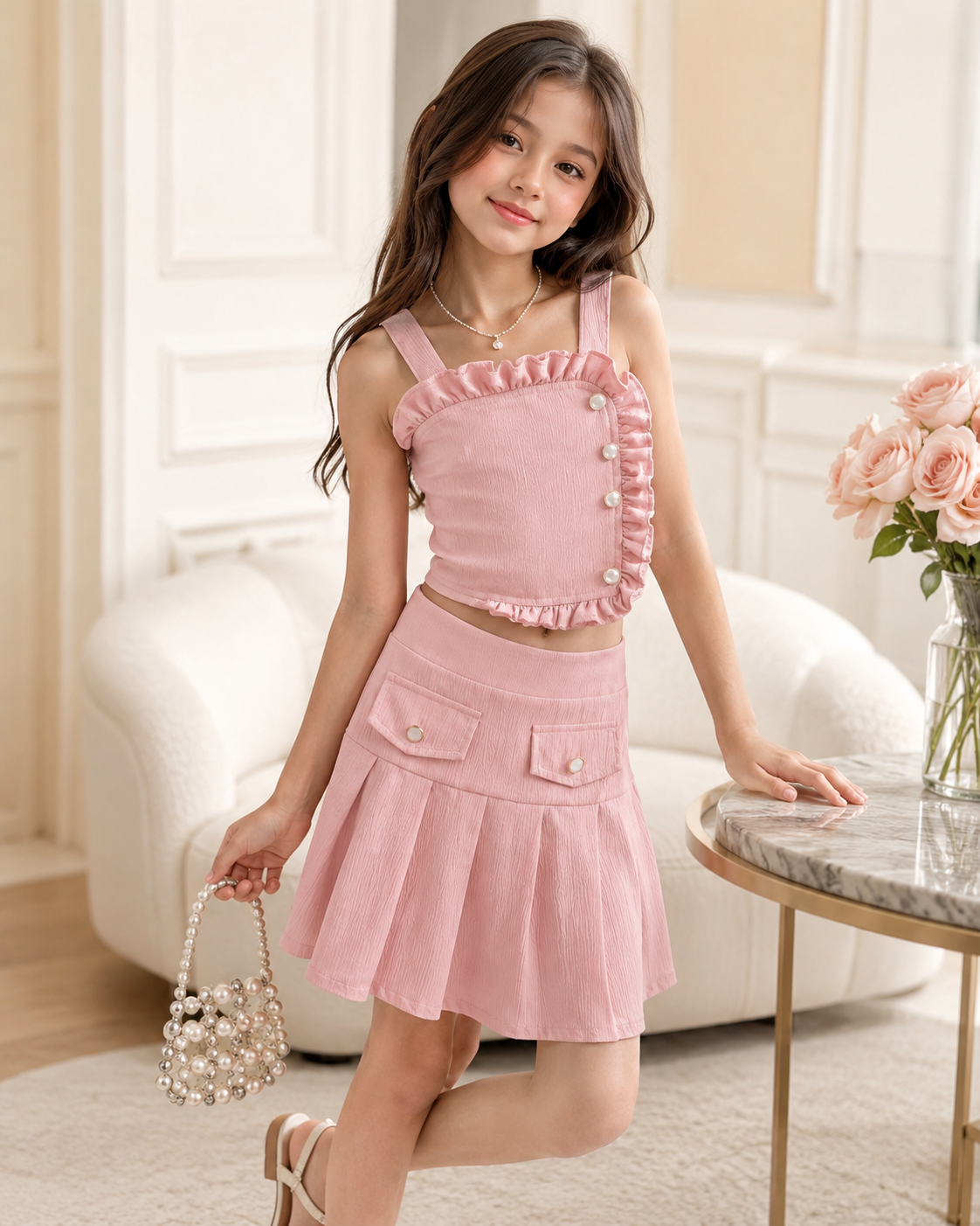 Girls’ Pink Two Piece Skirt Set – Ruffle Button Crop Top and Pleated Skirt
