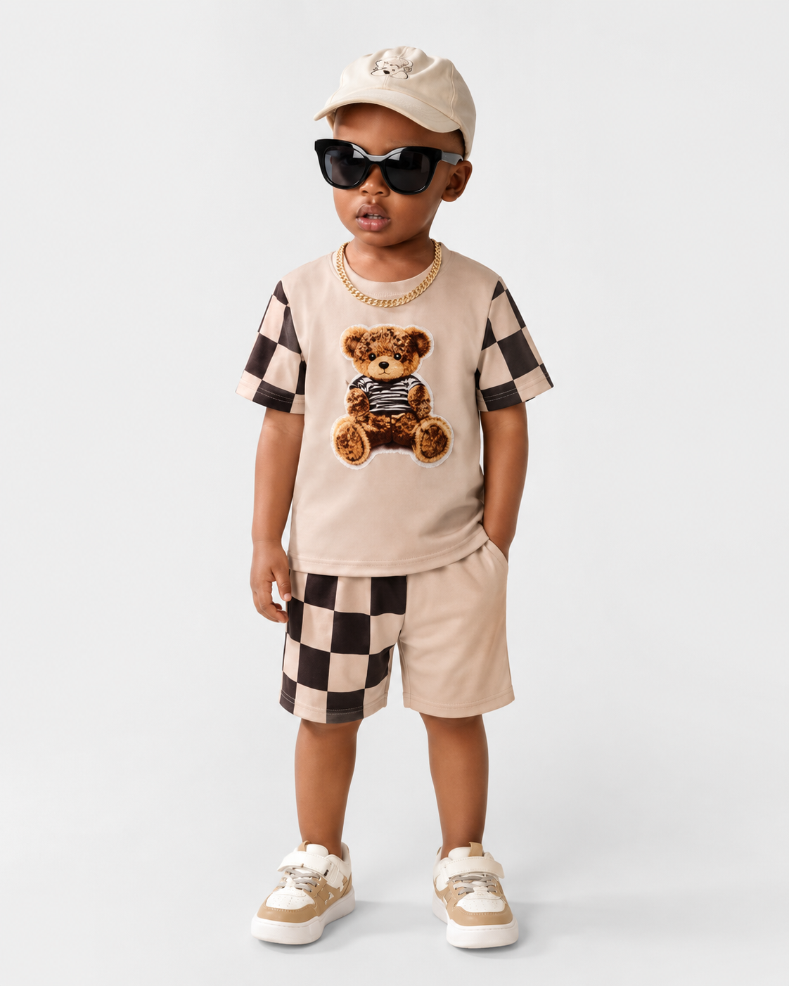 SHEIN Boys’ Beige Teddy Bear T-Shirt & Shorts Set – Checkered Casual Summer Outfit, SHEIN Fast Delivery in 5 Days