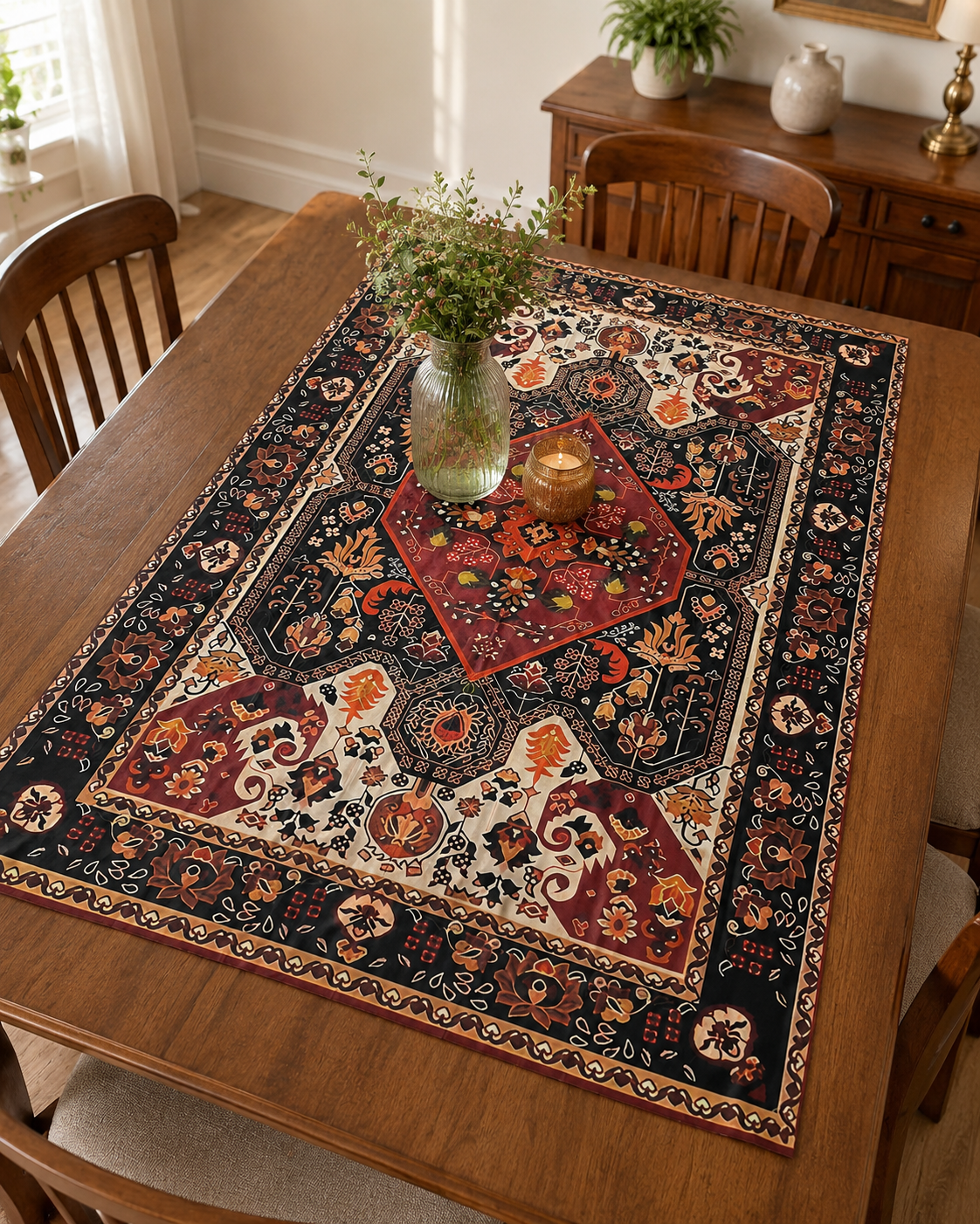 Bohemian Red Black Floral Geometric Table Cover 90 x 140 cm