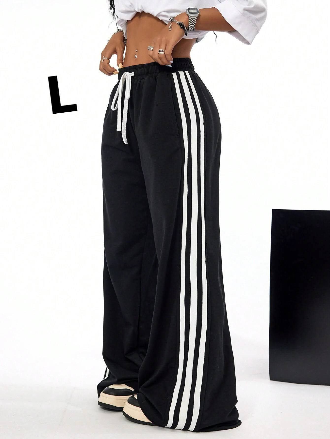 SHEIN Fast Delivery Black Wide Leg Track Pants – White Side Stripe Drawstring Sweatpants