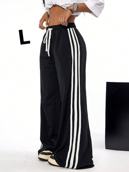 SHEIN Fast Delivery Black Wide Leg Track Pants – White Side Stripe Drawstring Sweatpants