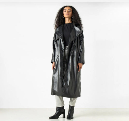 Black Faux Leather Belted Trench Coat – Women’s Long Glossy Double-Breasted Statement Coat
