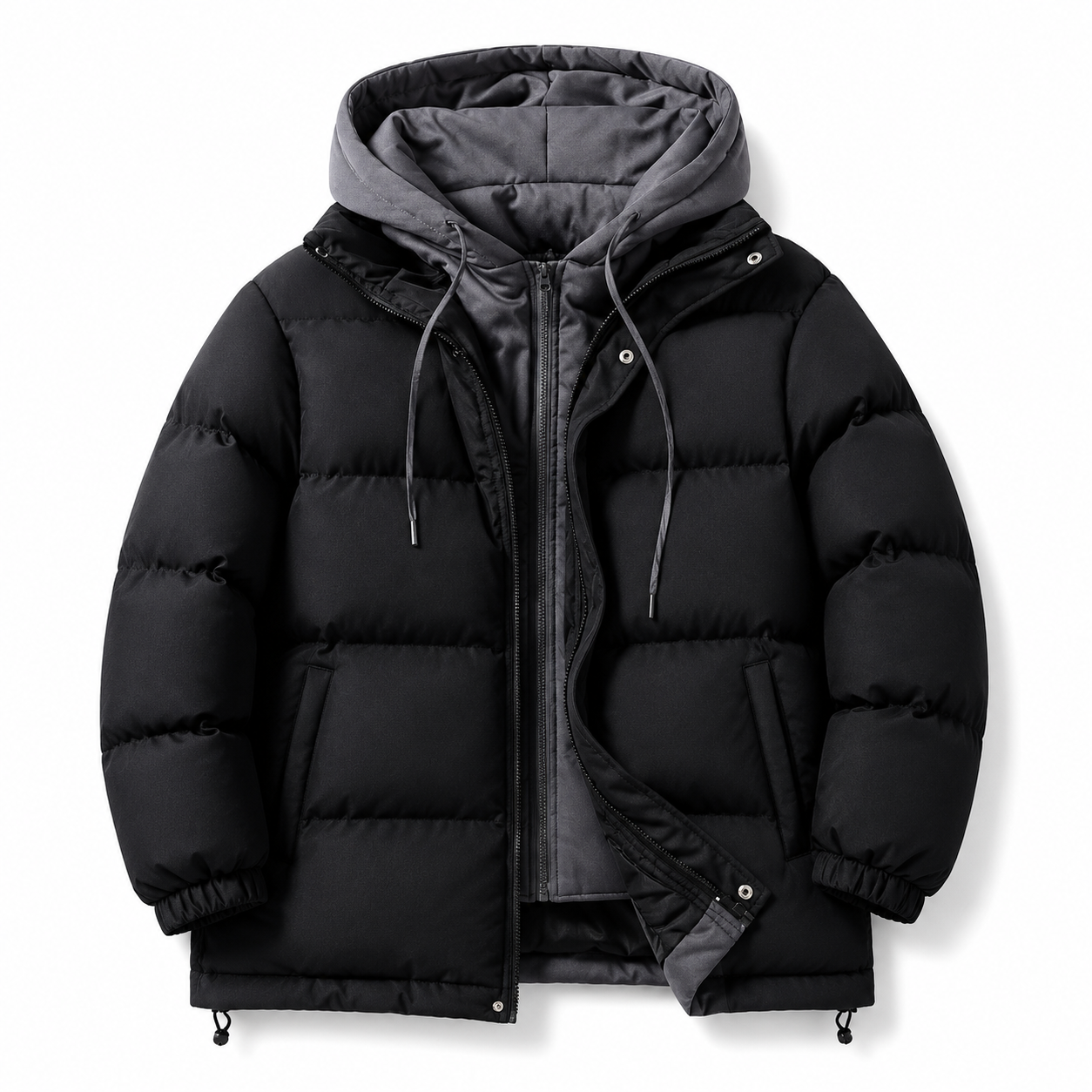 Kids Black Hooded Puffer Jacket with Fleece Lining, Warm Winter Coat