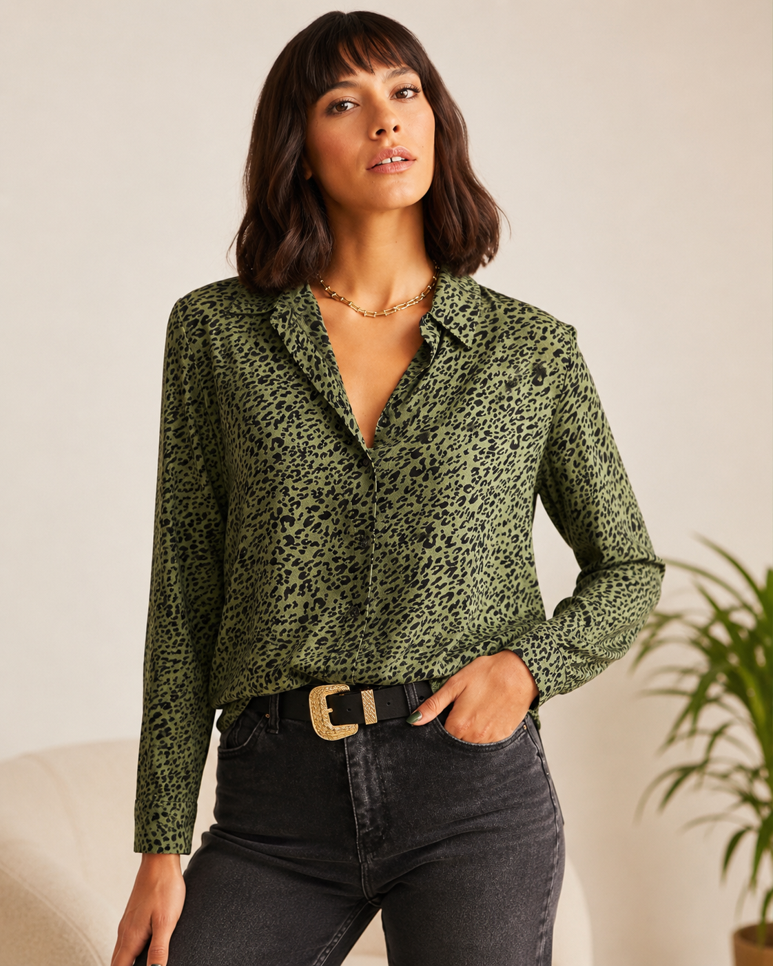 SHEIN Fast Delivery in 5 Days Olive Leopard Print Button-Up Blouse