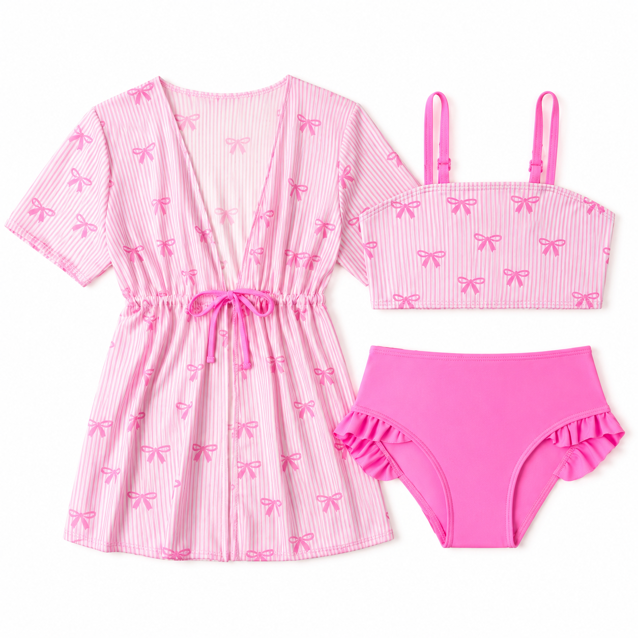 SHEIN Girls Pink Bow 3 Piece Swimwear Set – Bikini & Cover Up, SHEIN Fast Delivery in 5 Days
