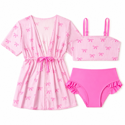 SHEIN Girls Pink Bow 3 Piece Swimwear Set – Bikini & Cover Up, SHEIN Fast Delivery in 5 Days