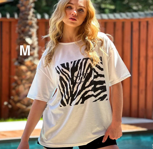 Women’s White Zebra Graphic Cotton T-Shirt, Casual Short Sleeve Printed Top