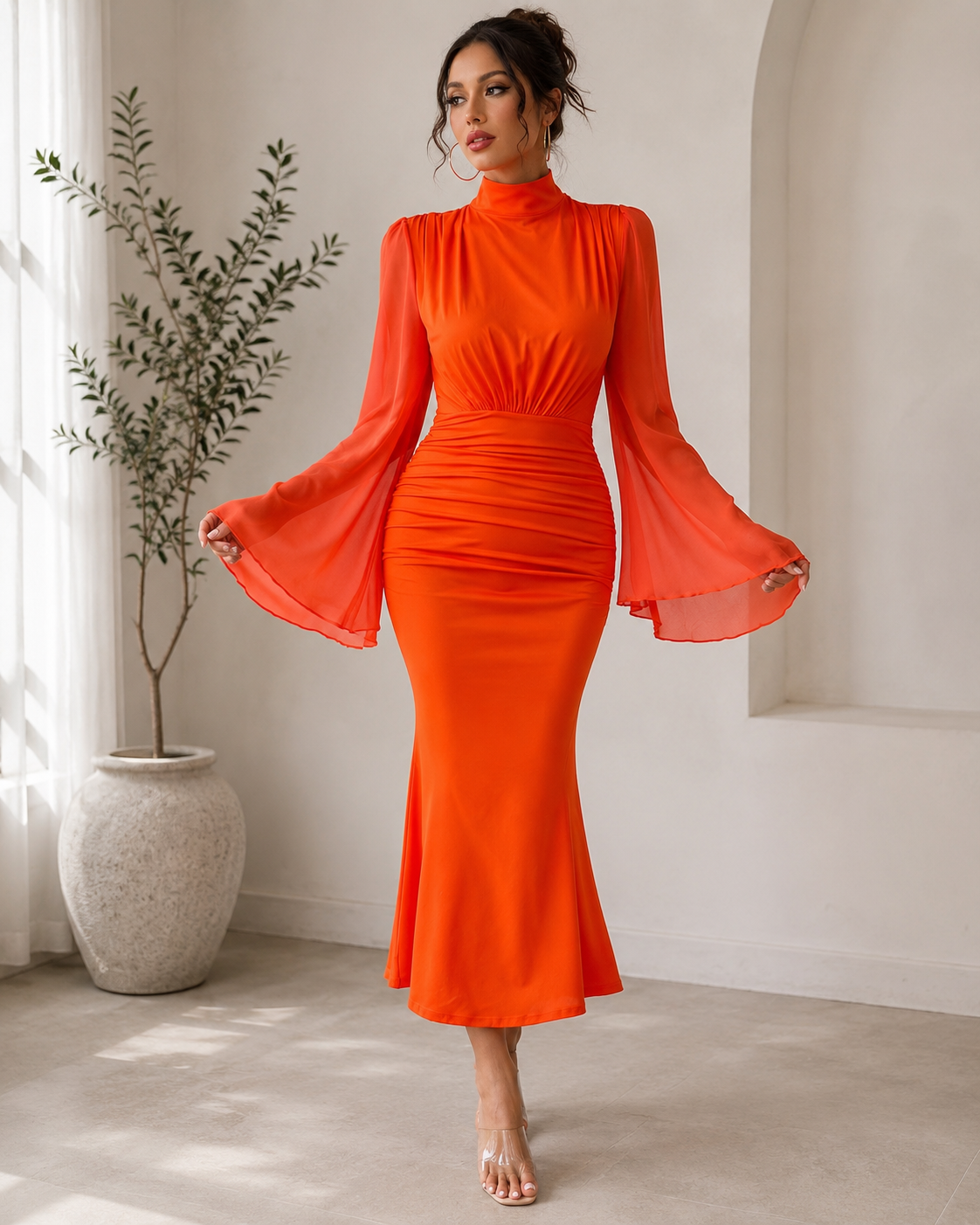SHEIN Women’s Orange Ruched Midi Dress – Sheer Sleeve Elegant Party Dress, SHEIN Fast Delivery in 5 Days