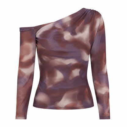 Trendyol Women’s Marble Print One Shoulder Mesh Top – Long Sleeve Sheer Blouse