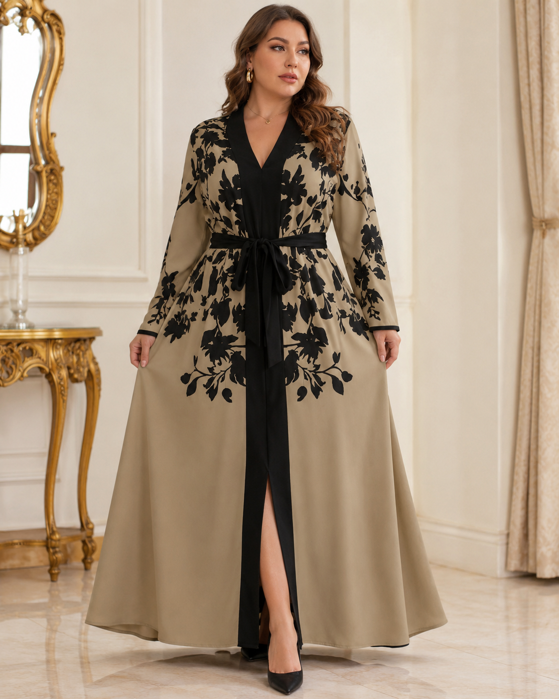 Plus Size Floral Print Belted Abaya Dress