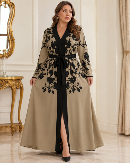 Plus Size Floral Print Belted Abaya Dress