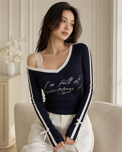 Women’s Navy Off Shoulder Ribbed Top – Contrast V Neck Long Sleeve Bow Detail Blouse