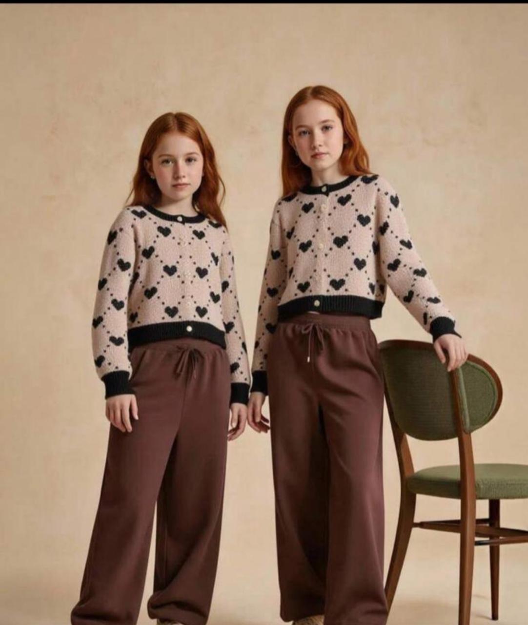 Girls Heart Print Knit Cardigan & Brown Wide Leg Pants Set – Stylish 2 Piece Outfit for Kids