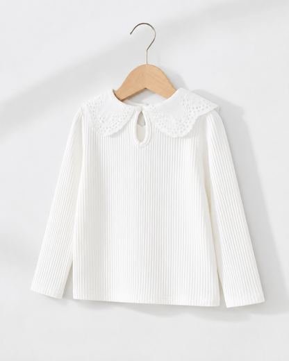 SHEIN Kids White Ribbed Lace Collar Top – Long Sleeve Elegant Girls T-Shirt, SHEIN Fast Delivery in 5 Days