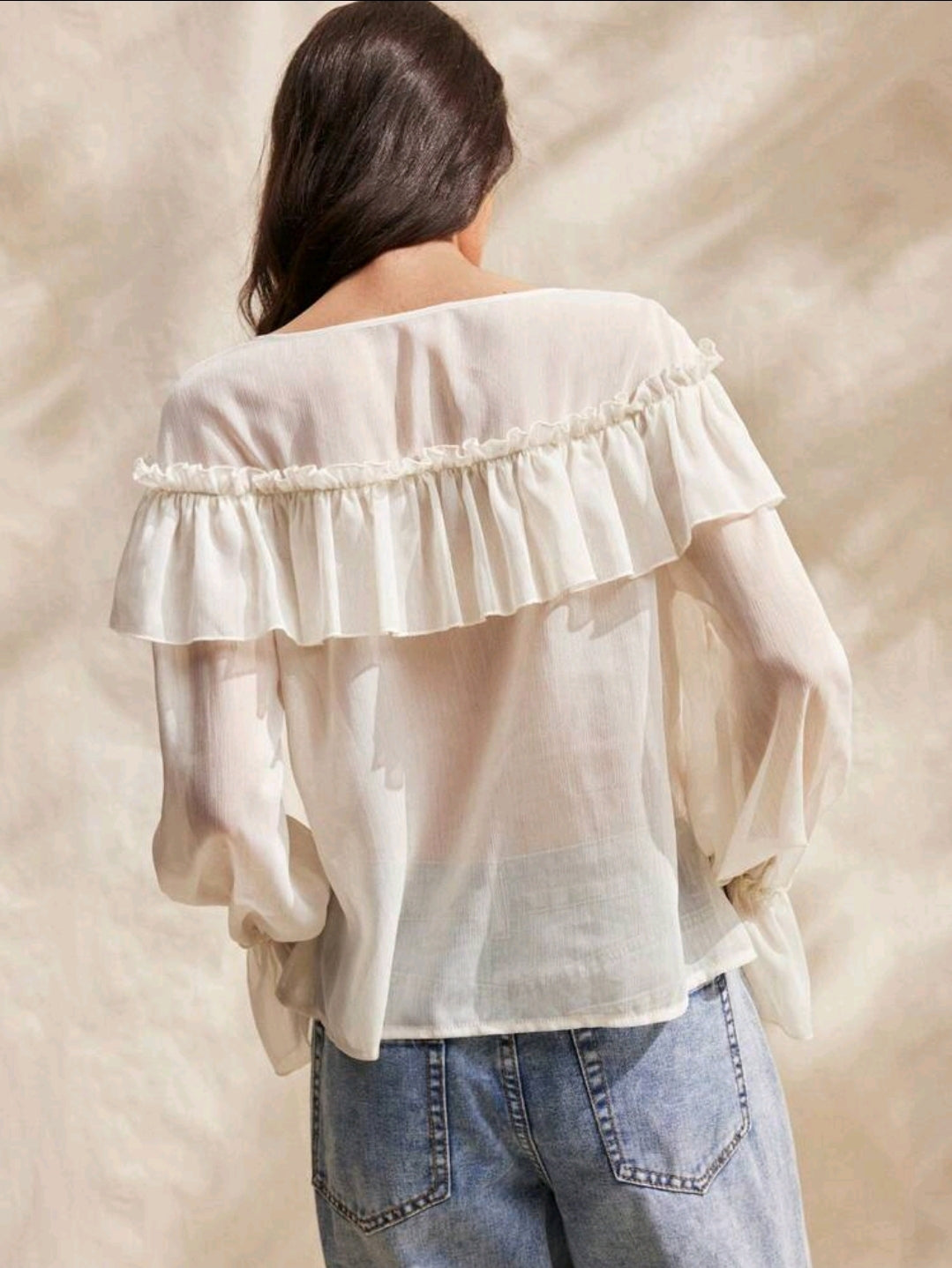 White Boho Ruffle Sheer Blouse – V Neck Lace Trim Romantic Women Top