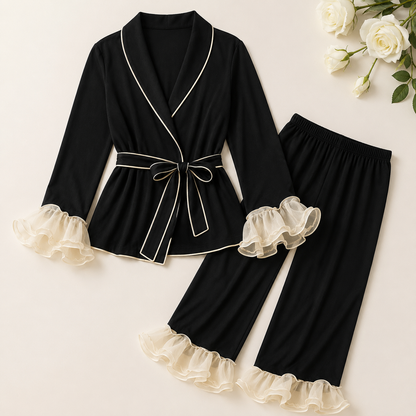 Black Ruffle Trim Lounge Pajama Set