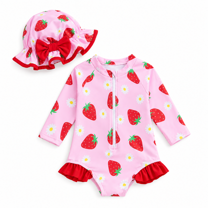 Baby Pink Strawberry Long Sleeve Swimsuit Set with Hat – SHEIN Fast Delivery in 5 Days