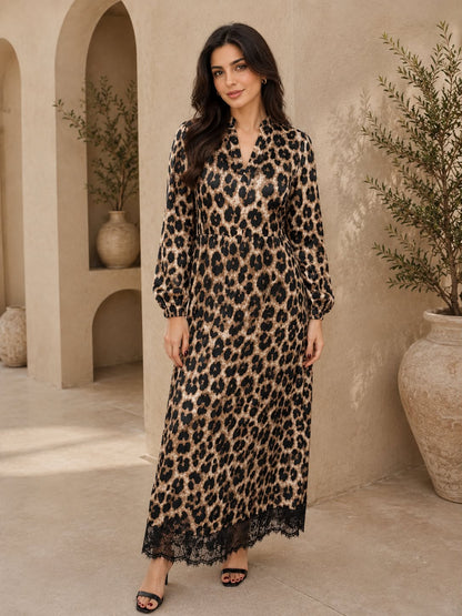 Women’s Leopard Print Maxi Dress – Long Sleeve Lace Hem Dress