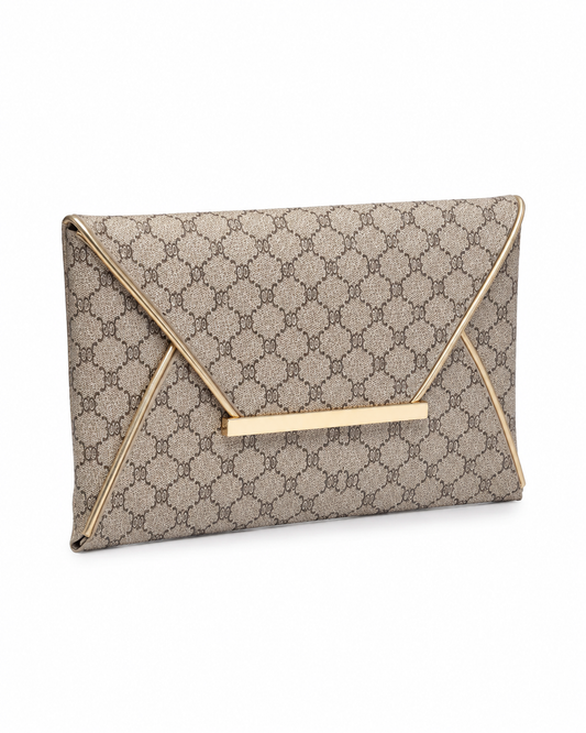 Geometric Envelope Clutch Bag, Gray Grid Pattern Evening Handbag with Gold Metal Trim