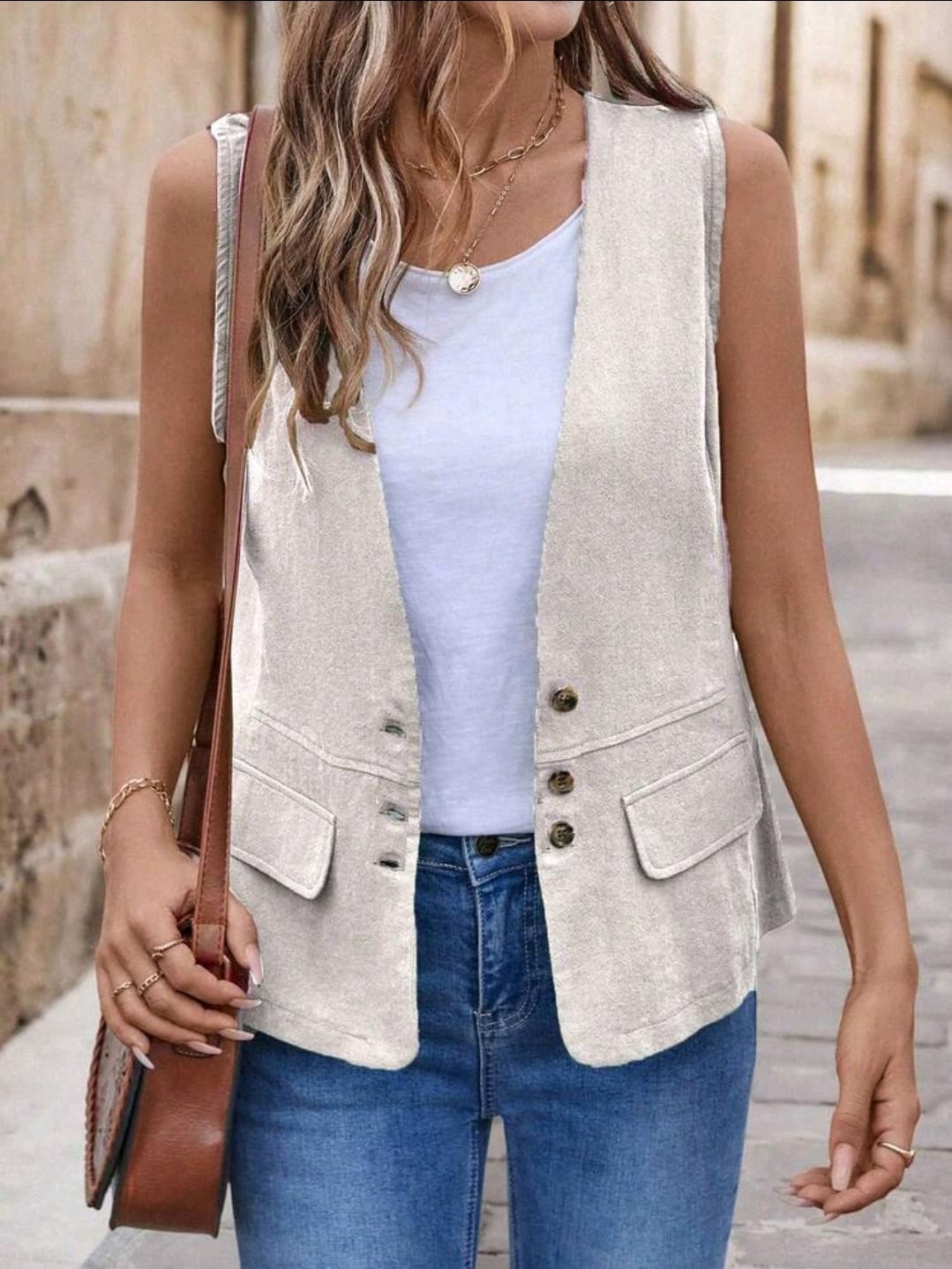 SHEIN Women Beige Cotton Button Vest