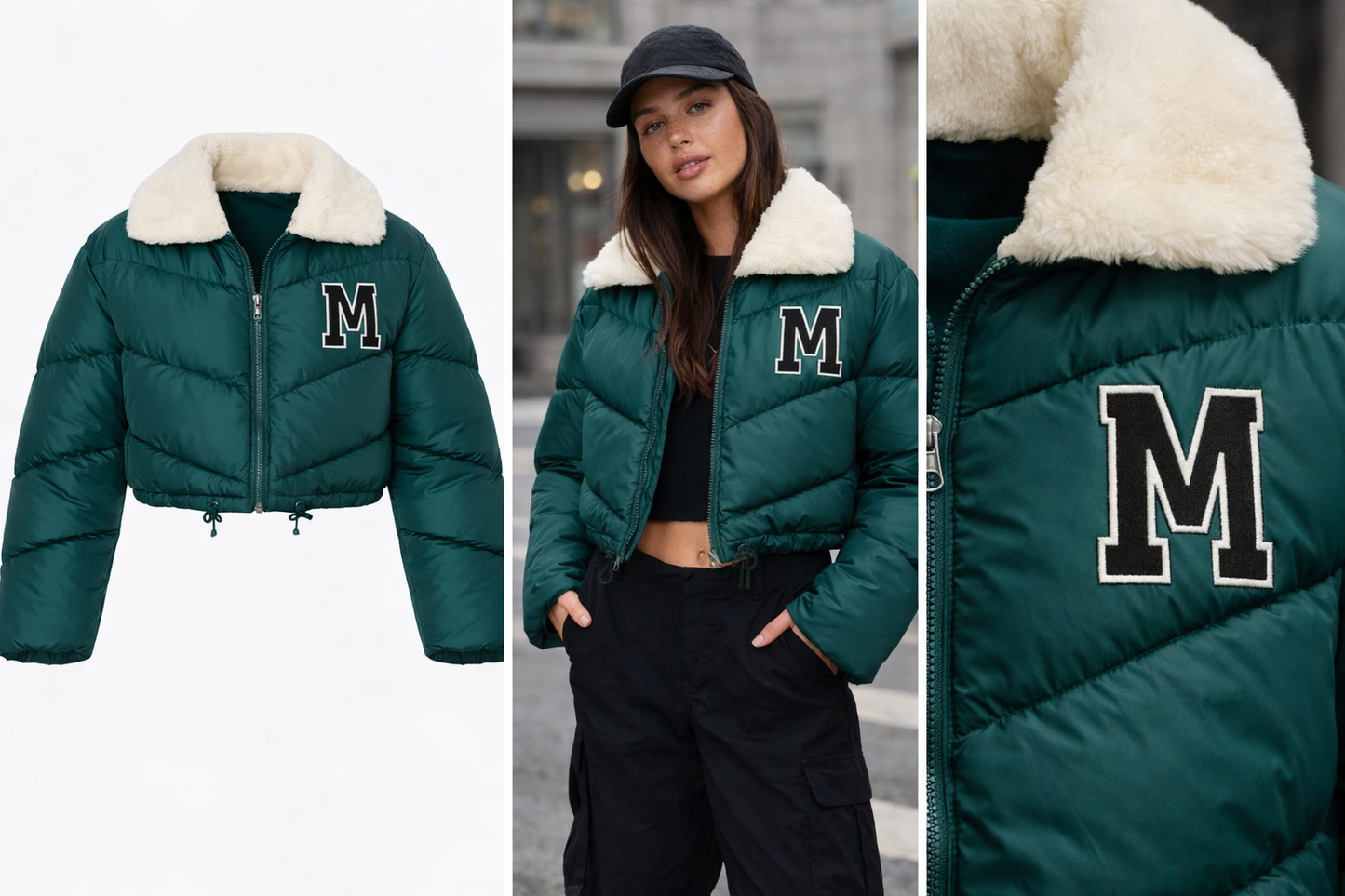 Women’s Cropped Green Puffer Jacket with Faux Fur Collar – Winter Quilted Bomber Jacket
