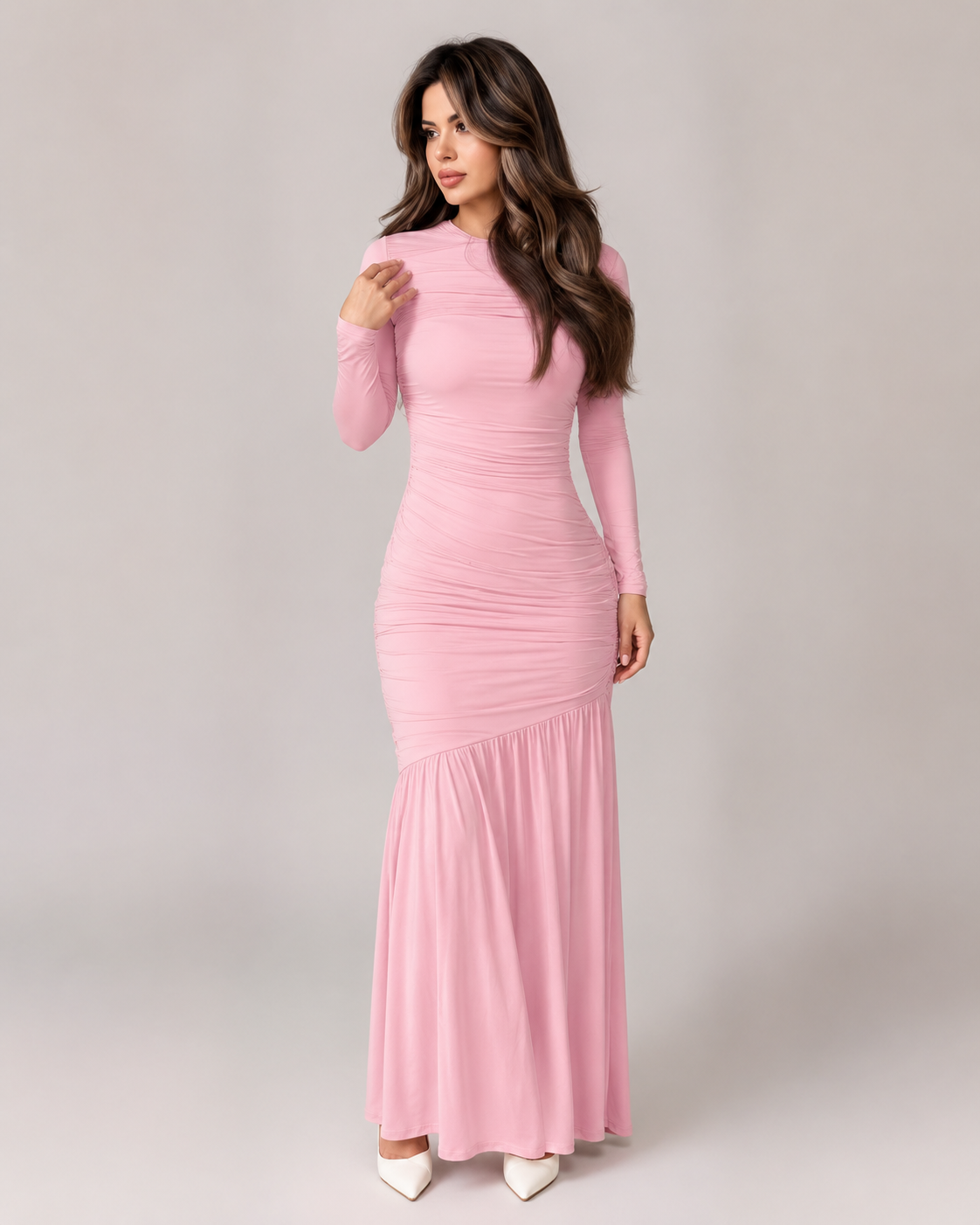 Women’s Pink Long Sleeve Fitted Mermaid Maxi Dress