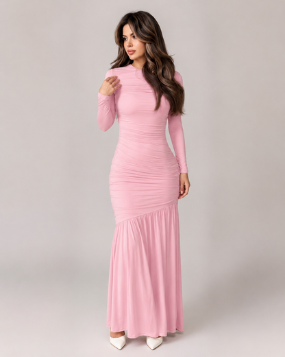 Women’s Pink Long Sleeve Fitted Mermaid Maxi Dress
