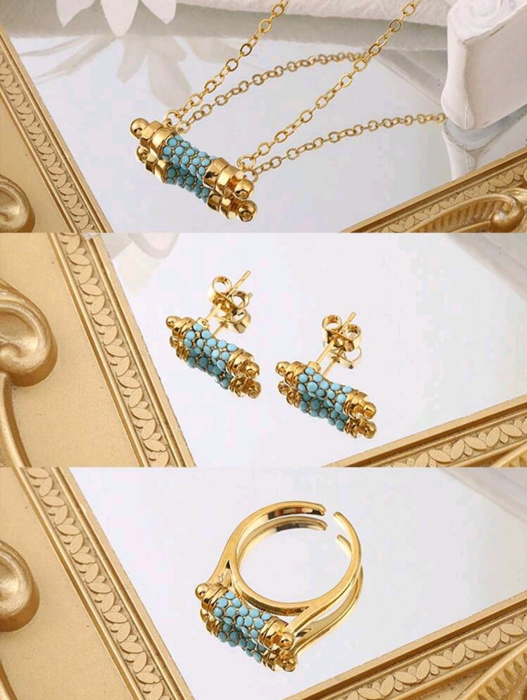Gold Turquoise Jewelry Set – Necklace, Stud Earrings and Adjustable Ring