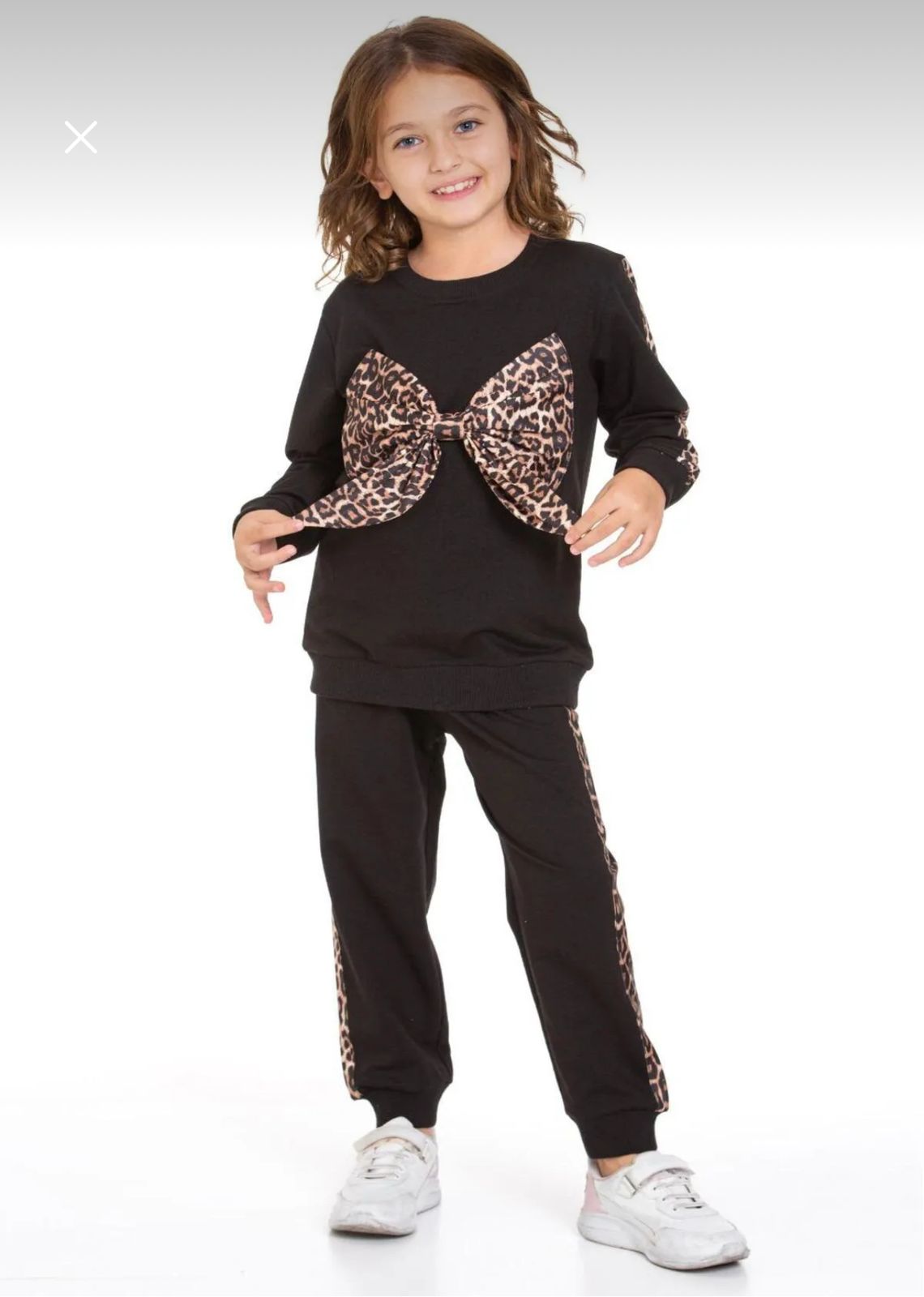 Girls 2-Piece Leopard Bow Tracksuit Set – Black Long Sleeve Sweatshirt & Jogger Pants – Casual Stylish Kids Outfit