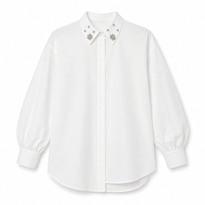 SHEIN Women’s White Rhinestone Collar Blouse – Long Sleeve Button Front Shirt, SHEIN Fast Delivery in 5 Days