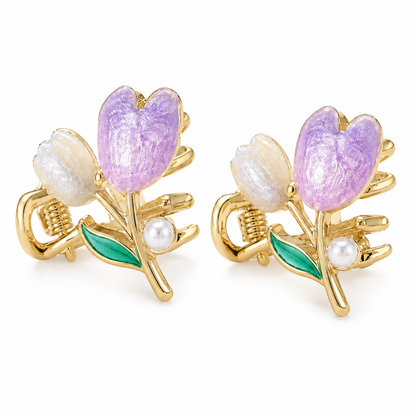 SHEIN Purple Tulip Hair Clips Set – Gold Tone Floral Hair Claws with Pearl Detail, SHEIN Fast Delivery in 5 Days