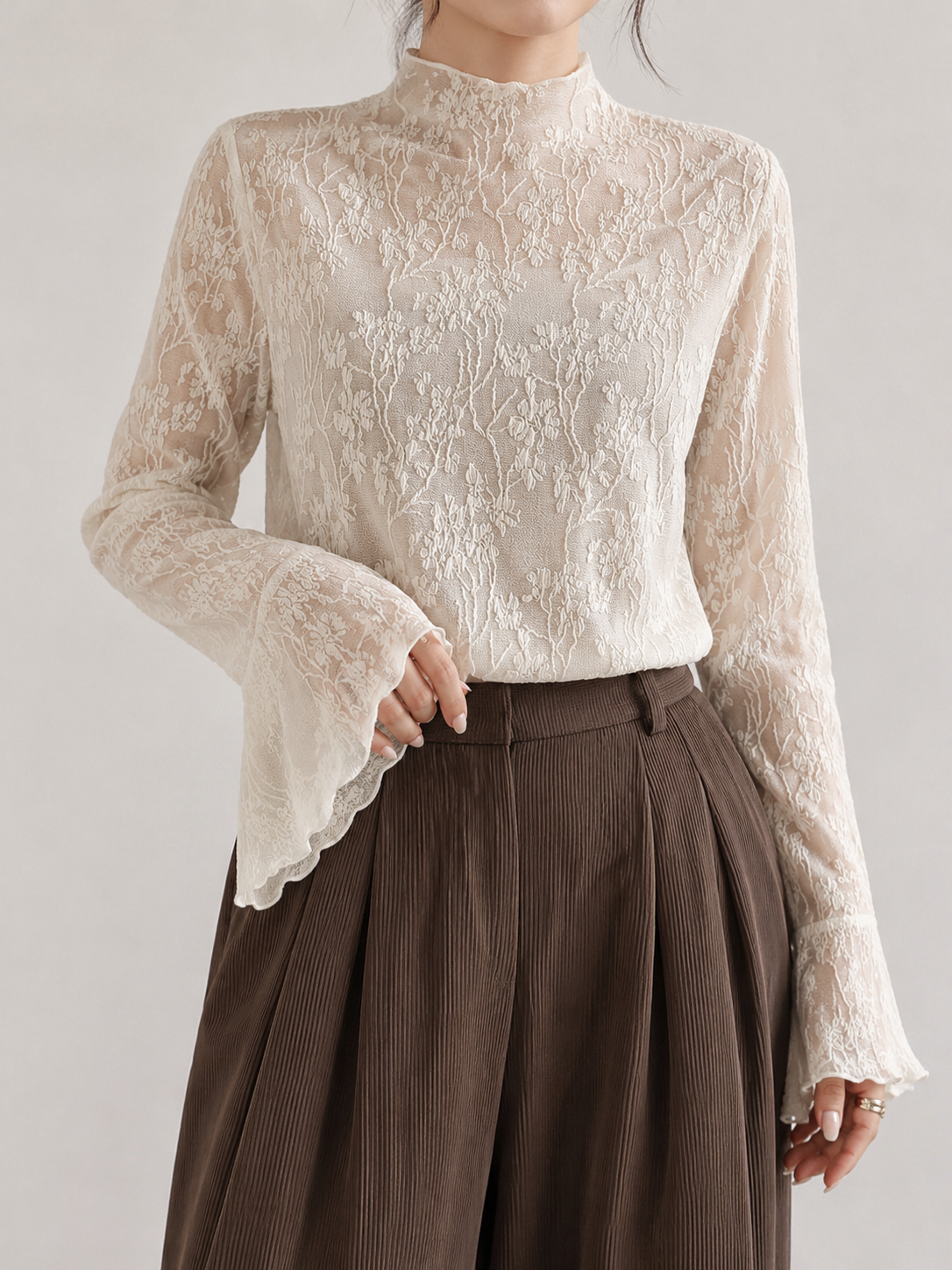 Beige Lace High Neck Flare Sleeve Blouse – SHEIN Fast Delivery in 5 Days
