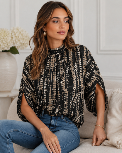 Women’s Black Abstract Print Blouse – Mock Neck Split Sleeve Plus Size Friendly Top