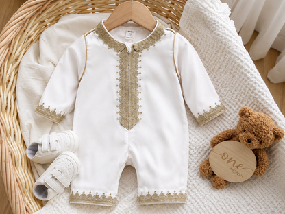 SHEIN Baby White Embroidered Kaftan Romper – Long Sleeve Eid Outfit, SHEIN Fast Delivery in 5 Days