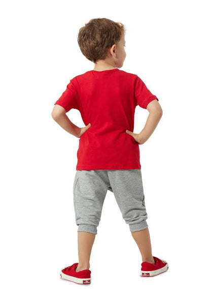 Boys Red Monster Print T-Shirt and Grey Shorts Set