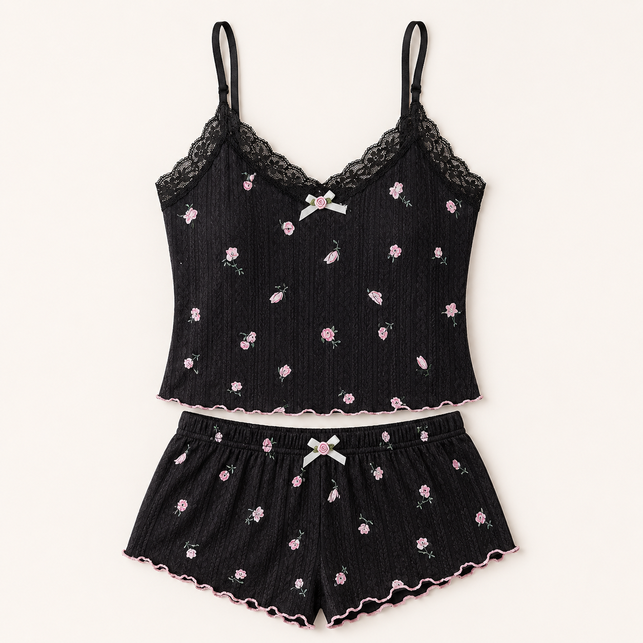 SHEIN Black Floral Lace Cami and Shorts Pajama Set