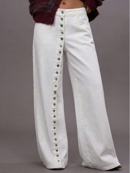 SHEIN White Wide-Leg Button Front Jeans - SHEIN Fast Delivery in 5 Days