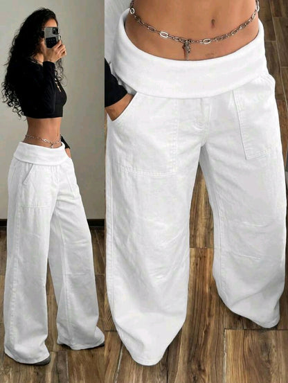 Women’s White Wide Leg Pants – Fold Over Waist Casual Cargo Style Trousers