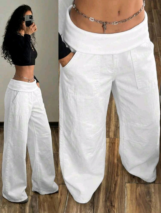 Women’s White Wide Leg Pants – Fold Over Waist Casual Cargo Style Trousers