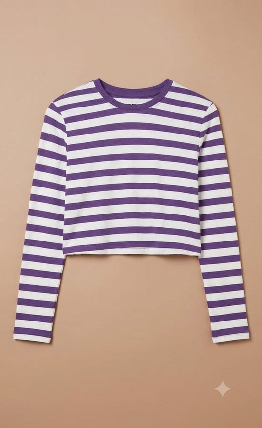 SHEIN Women’s Purple & White Striped Crop Top – Long Sleeve Fitted T-Shirt, SHEIN Fast Delivery in 5 Days
