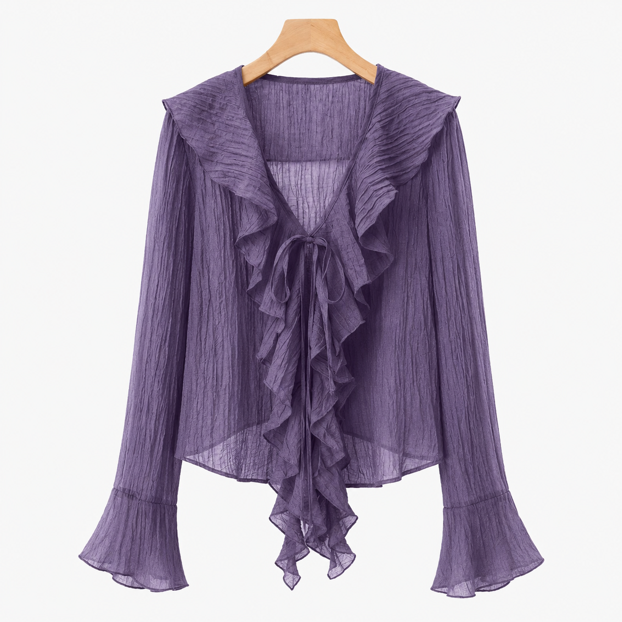 SHEIN Women’s Purple Sheer Ruffle Tie Front Blouse – Long Sleeve Chiffon Top, SHEIN Fast Delivery in 5 Days