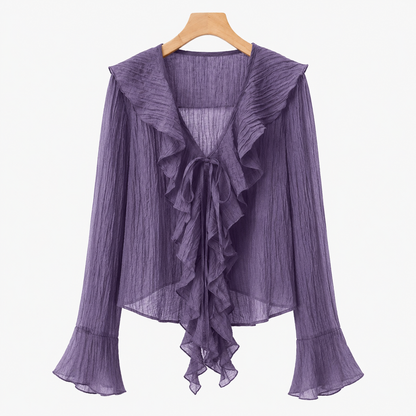 SHEIN Women’s Purple Sheer Ruffle Tie Front Blouse – Long Sleeve Chiffon Top, SHEIN Fast Delivery in 5 Days