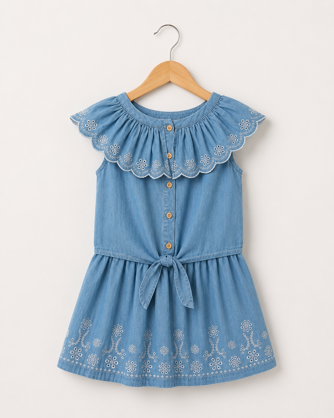 Girls Blue Denim Embroidered Dress – Sleeveless Button-Up Summer Dress, Fast Delivery in 5 Days