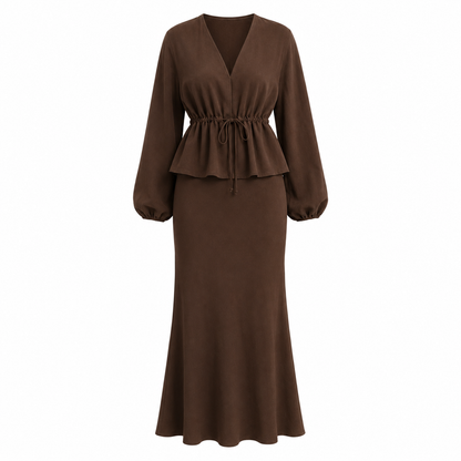 Brown Two Piece Peplum Top & Maxi Skirt Set – SHEIN Fast Delivery in 5 Days