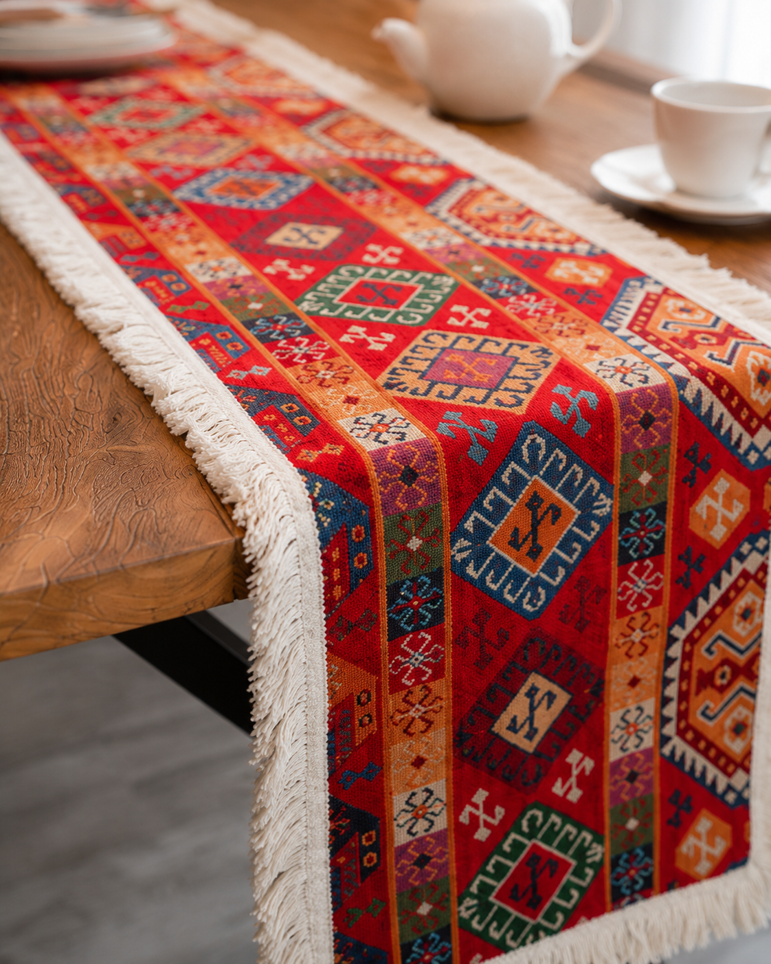 Bohemian Red Geometric Tassel Table Runner