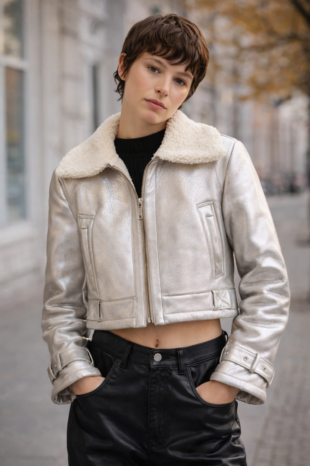 Silver Faux Leather Shearling Jacket – Cropped Aviator Biker Jacket – Zip Front – Soft Plush Collar