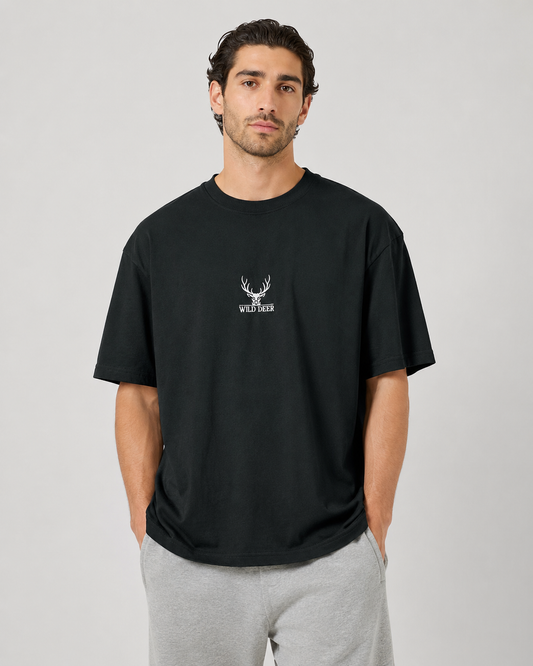 Men’s Black Wild Deer Cotton T-Shirt, Small Chest Logo Casual Short Sleeve Top