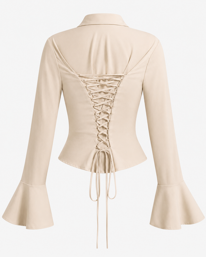 SHEIN Women’s Beige Lace-Up Back Flare Sleeve Blouse
